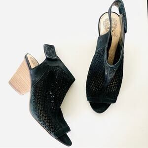 VINCE CAMUTO Black Leather Cutout Slingback Open Toe Sandals Chunky Heel Shoe 10